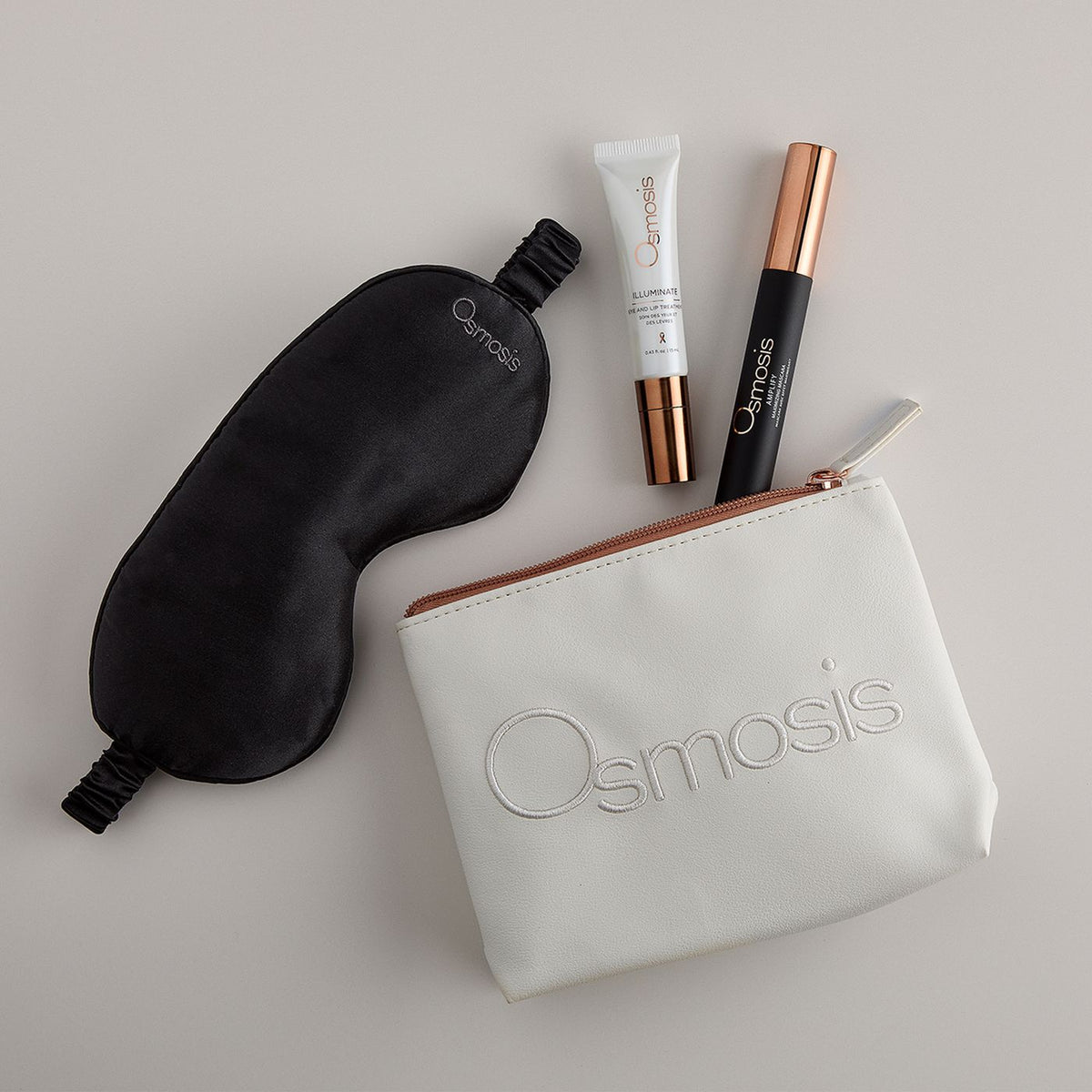 Osmosis Merry and Bright Eye Kit with Illuminate treatment Amplify mascara and silk sleep mask