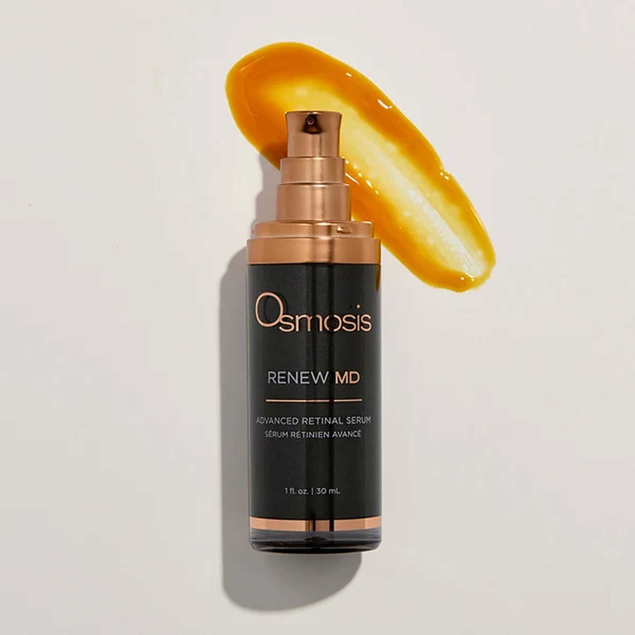 Osmosis Renew MD retinal serum bottle with amber serum texture swatch
