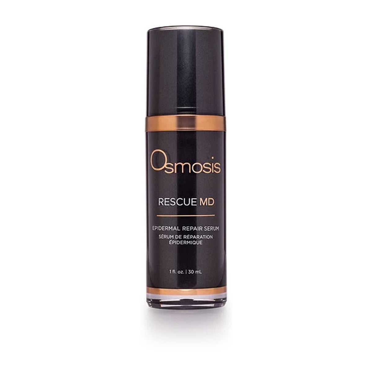 Osmosis Rescue MD epidermal repair serum in a 1 fl oz black and rose gold pump bottle