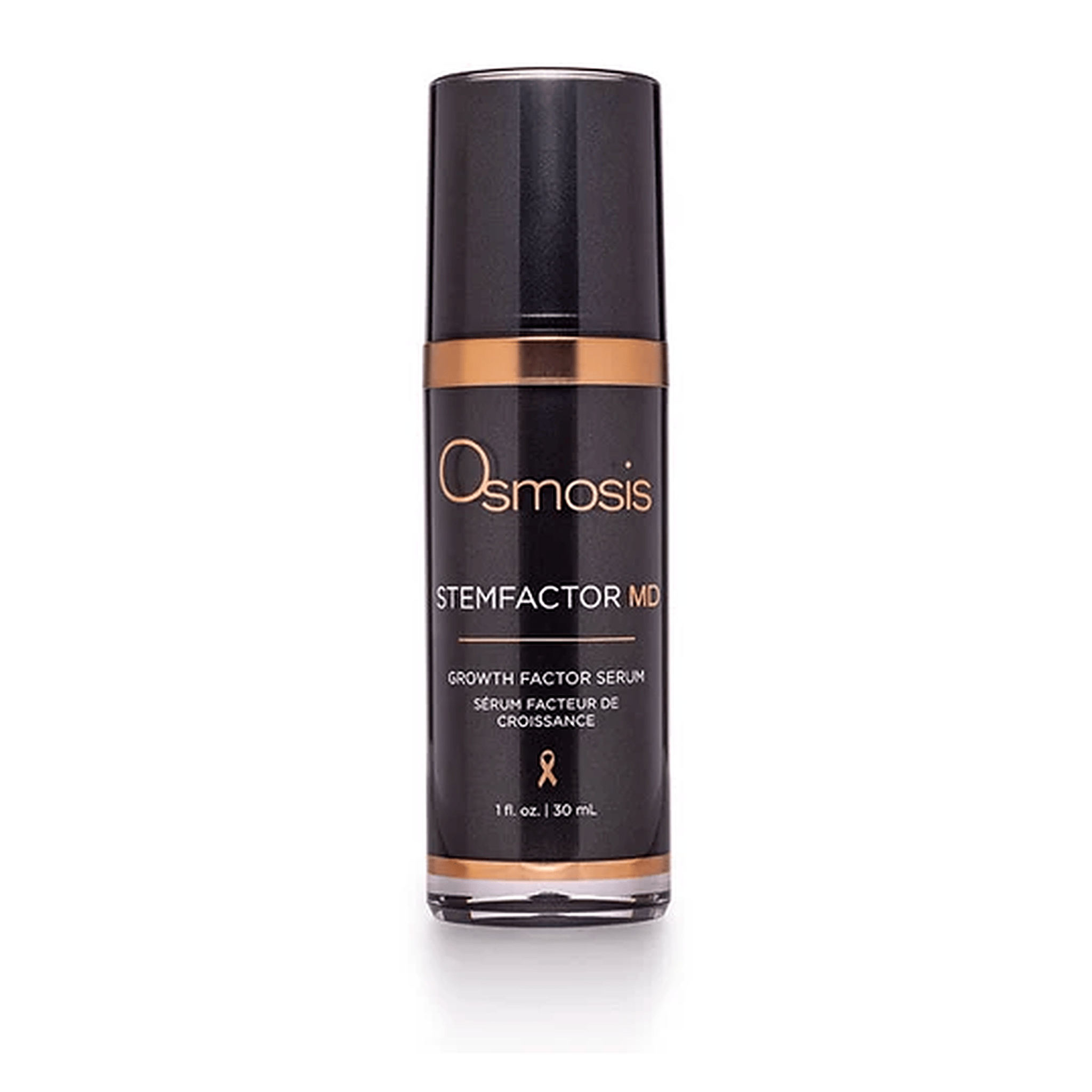 Osmosis StemFactor MD growth factor serum 1 fl oz black airless pump bottle with rose gold accents