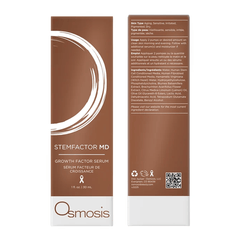 Front and back of Osmosis StemFactor MD serum box showing skin types usage and ingredients