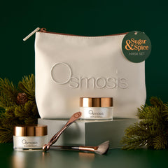 Osmosis Sugar and Spice Mask Set on pedestals with a Sugar and Spice Mask Set gift tag