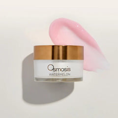 Osmosis Watermelon moisturizer jar open with pink cream texture swatch overhead view