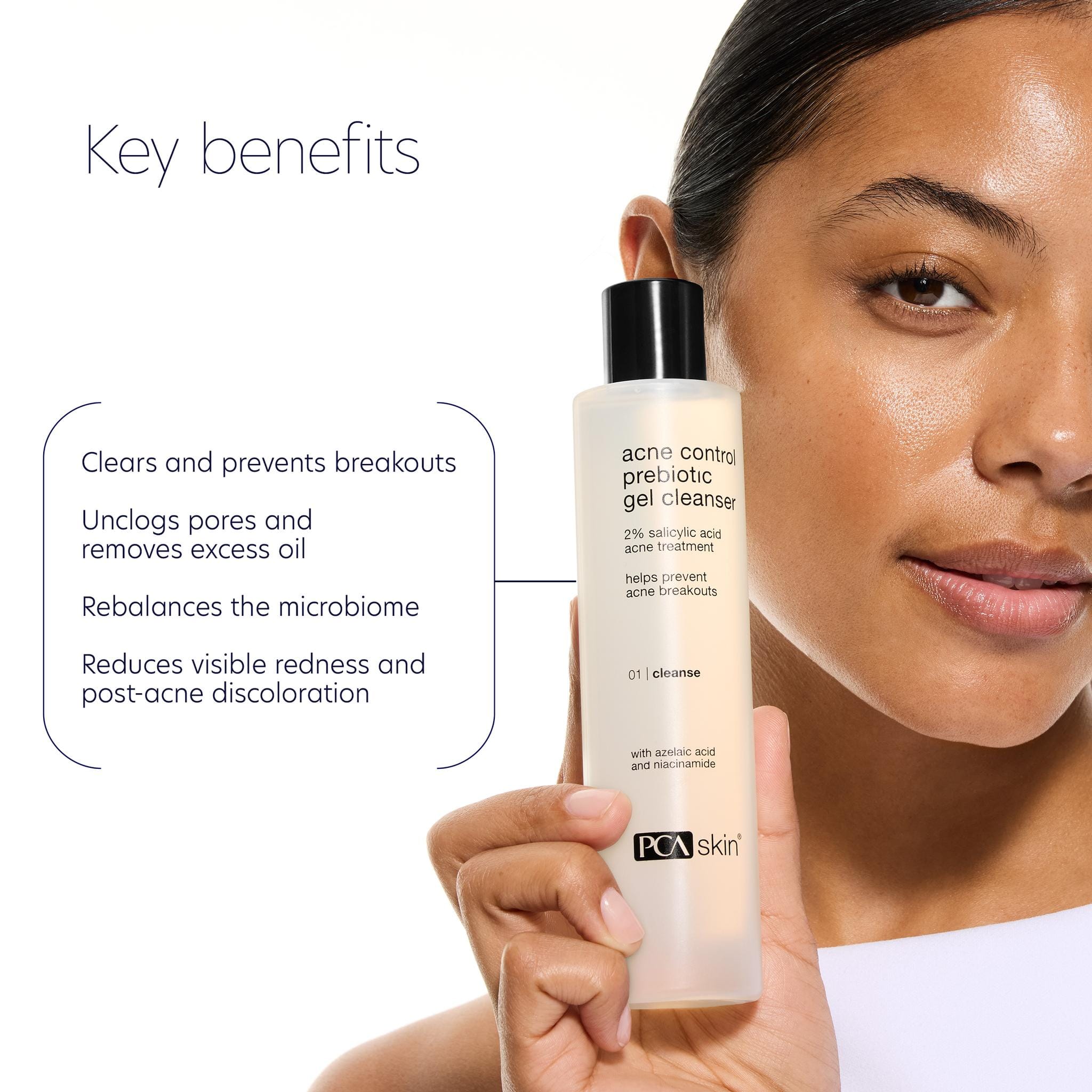 Woman holding PCA Skin Acne Control Prebiotic Gel Cleanser highlighting key skin benefits