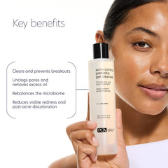 Woman holding PCA Skin Acne Control Prebiotic Gel Cleanser highlighting key skin benefits