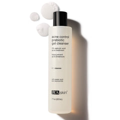 PCA Skin Acne Control Prebiotic Gel Cleanser bottle with gel-to-foam texture swatches on white background