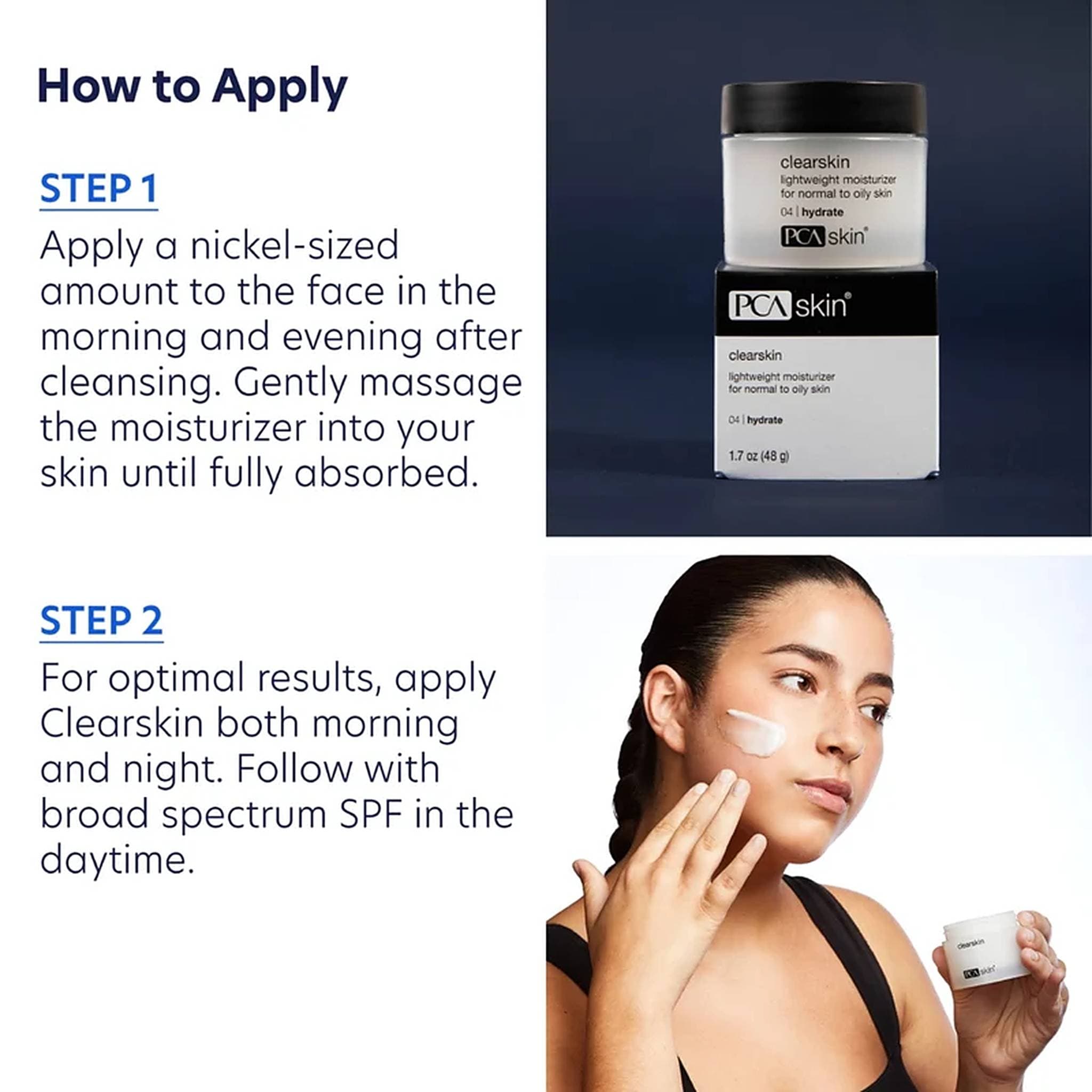 Woman applying PCA Skin Clearskin moisturizer to her cheek morning and night