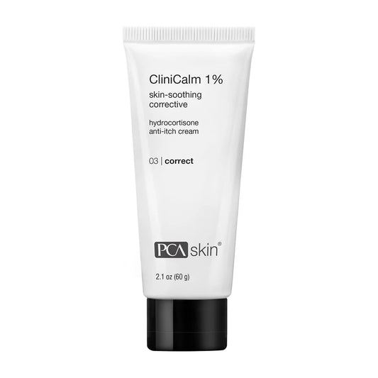 PCA Skin CliniCalm 1% hydrocortisone anti-itch cream in a 2.1 oz tube for skin-soothing relief