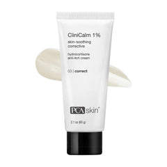 PCA Skin CliniCalm 1% hydrocortisone cream tube with a swatch showing its smooth white texture