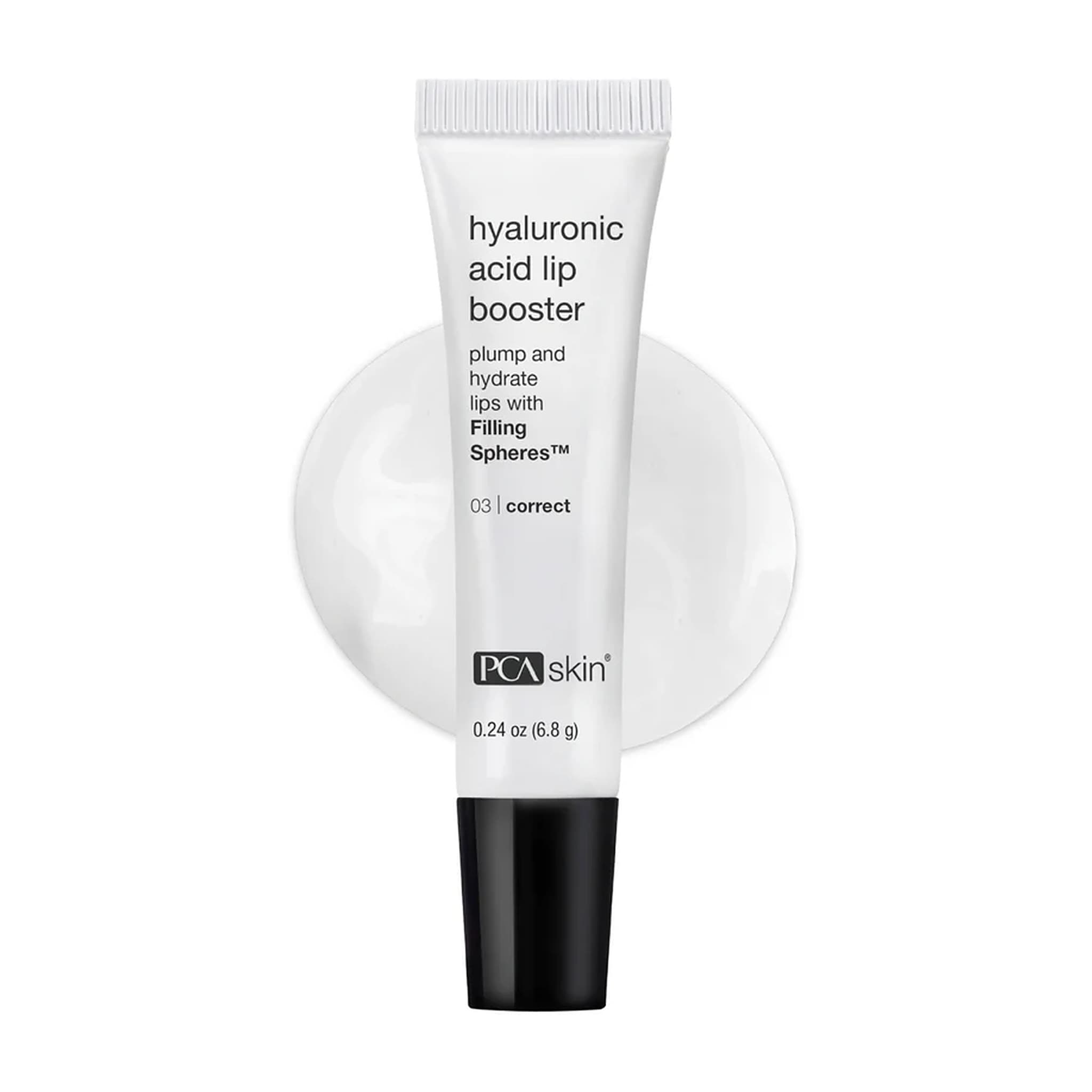 PCA Skin Hyaluronic Acid Lip Booster tube with clear gel texture swatch