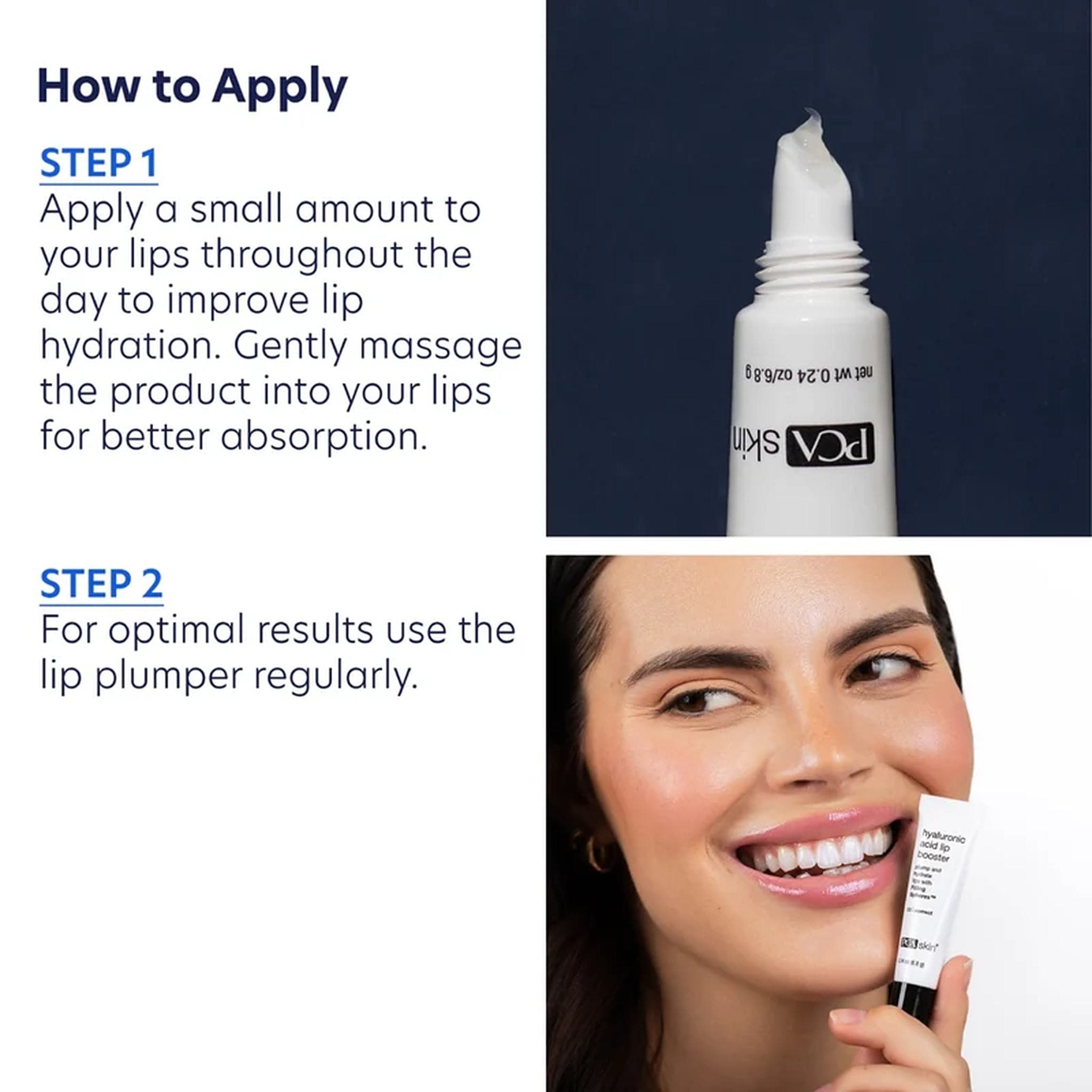 How to apply PCA Skin Hyaluronic Acid Lip Booster daily for hydrated fuller lips