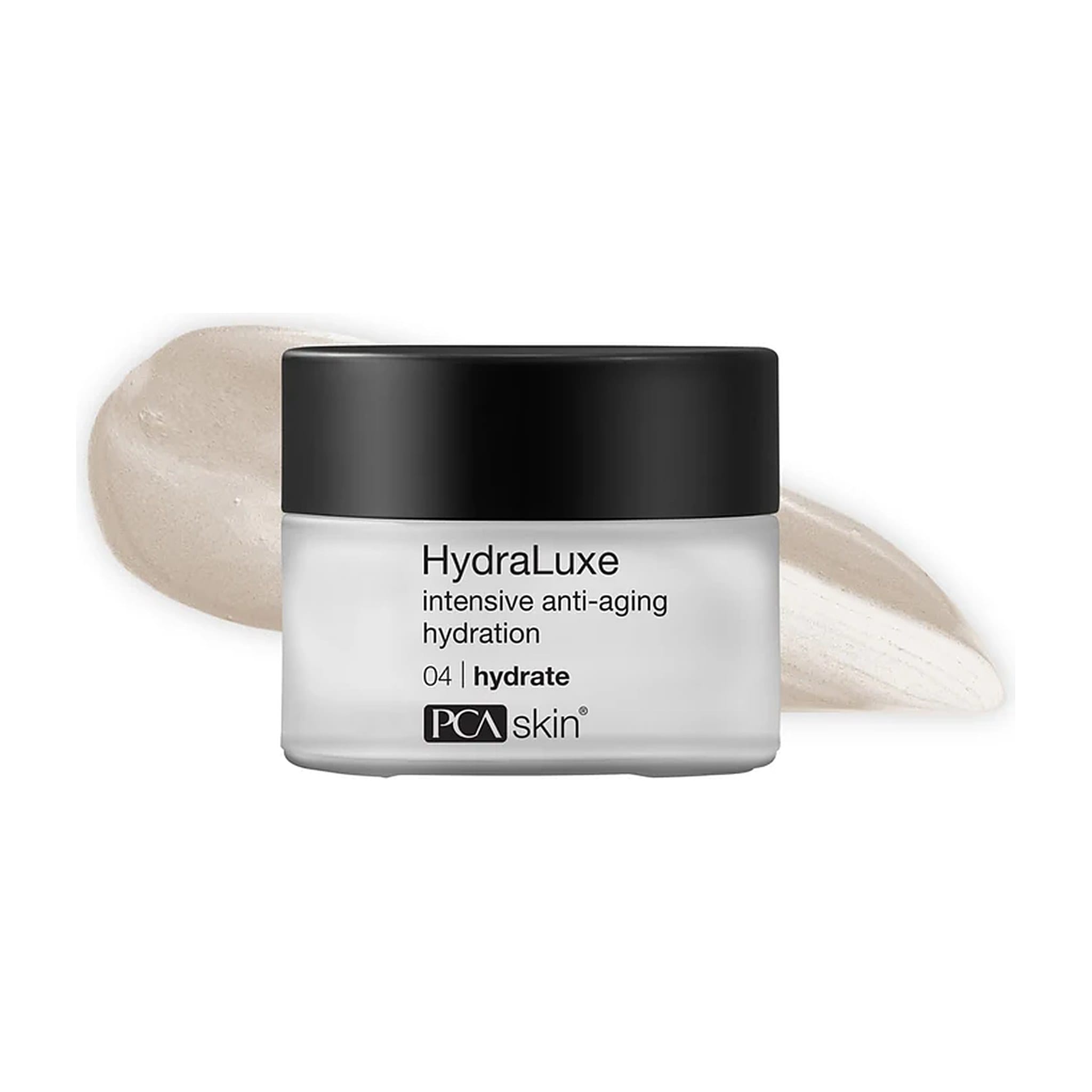 PCA Skin HydraLuxe anti-aging moisturizer jar with rich cream texture swatch