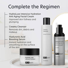 PCA Skin regimen with HydraLuxe Creamy Cleanser and Hyaluronic Acid Boosting Serum