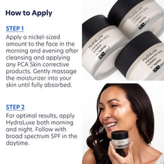 Woman applying PCA Skin HydraLuxe anti-aging moisturizer morning and night
