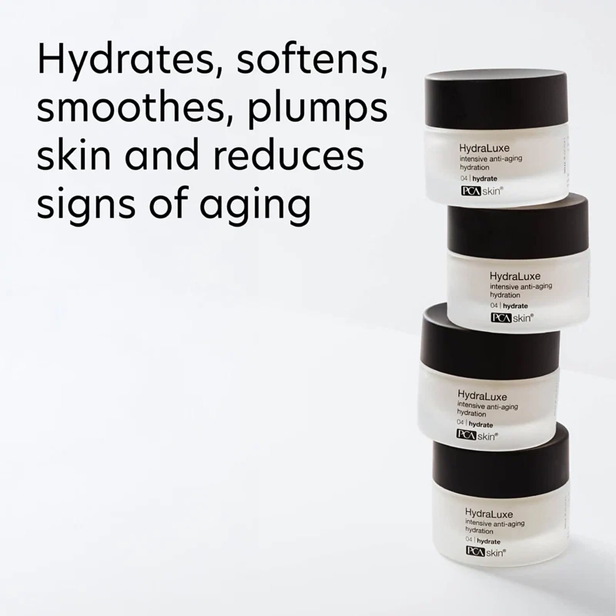 Stacked PCA Skin HydraLuxe jars that hydrate plump and reduce signs of aging