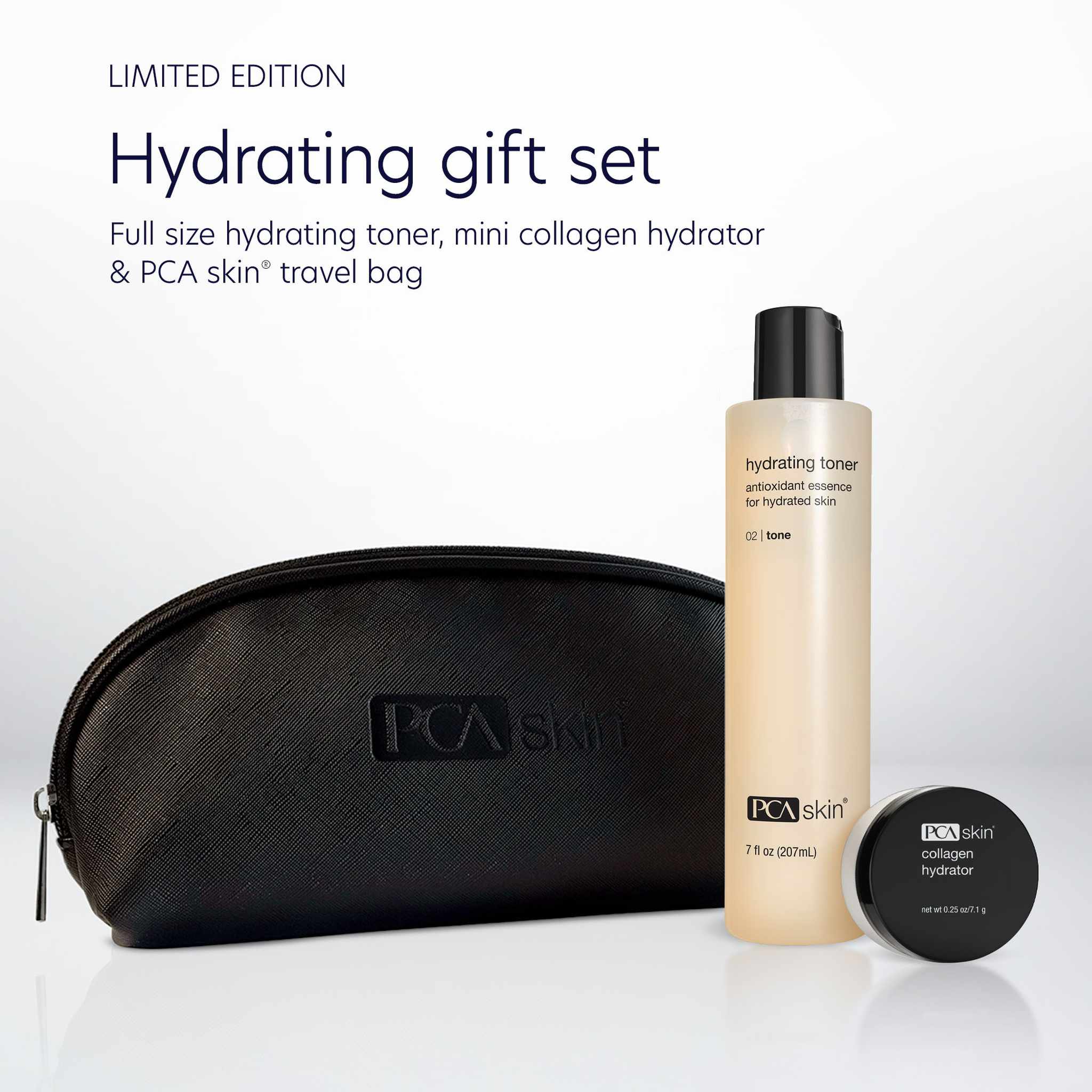 PCA Skin hydrating toner and collagen hydrator with black travel bag