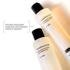 Close up of PCA Skin hydrating toner bottles with antioxidant protection label