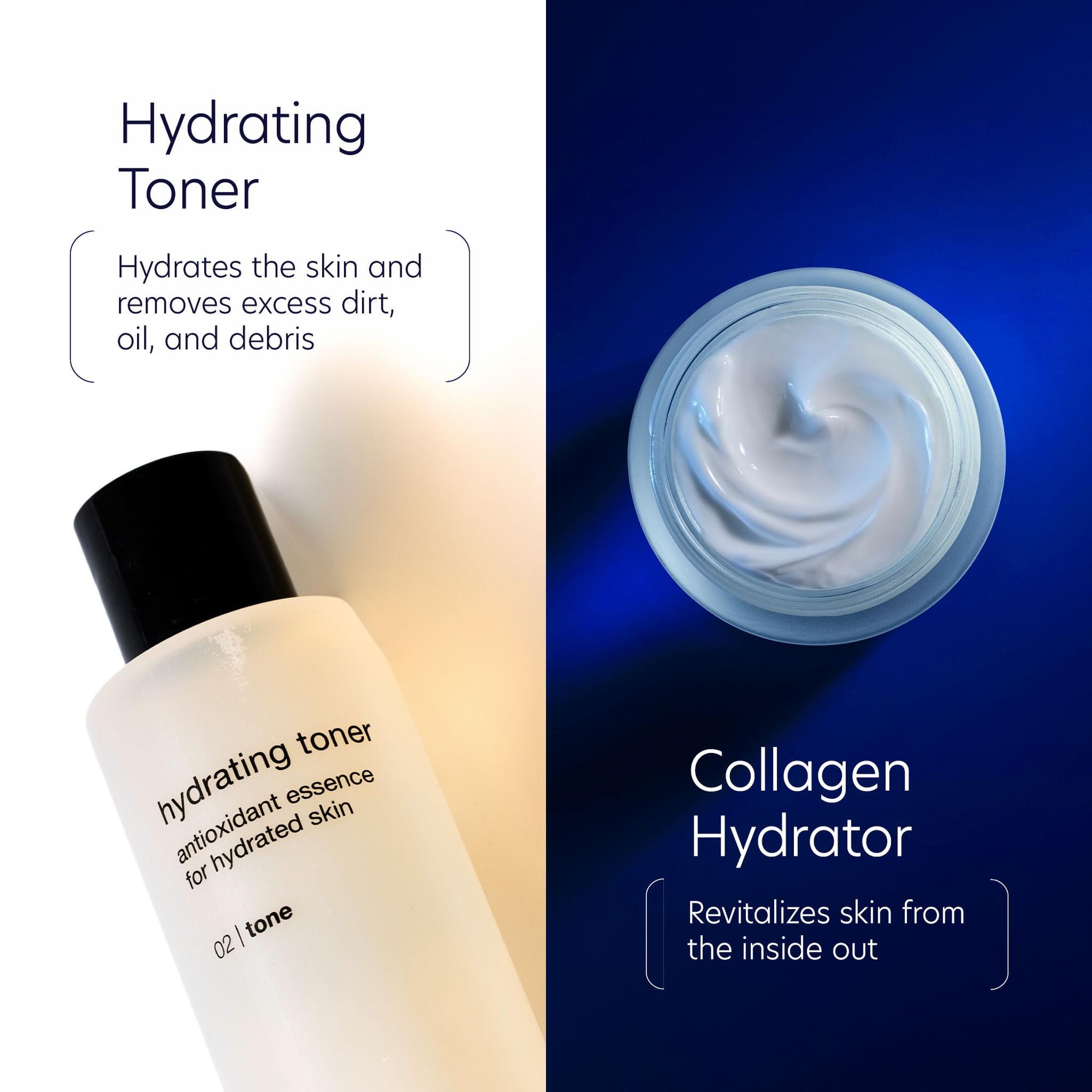PCA Skin hydrating toner bottle beside collagen hydrator jar with cream swirl