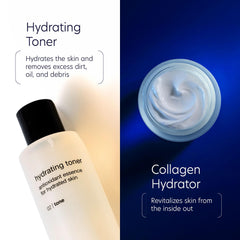 PCA Skin hydrating toner bottle beside collagen hydrator jar with cream swirl
