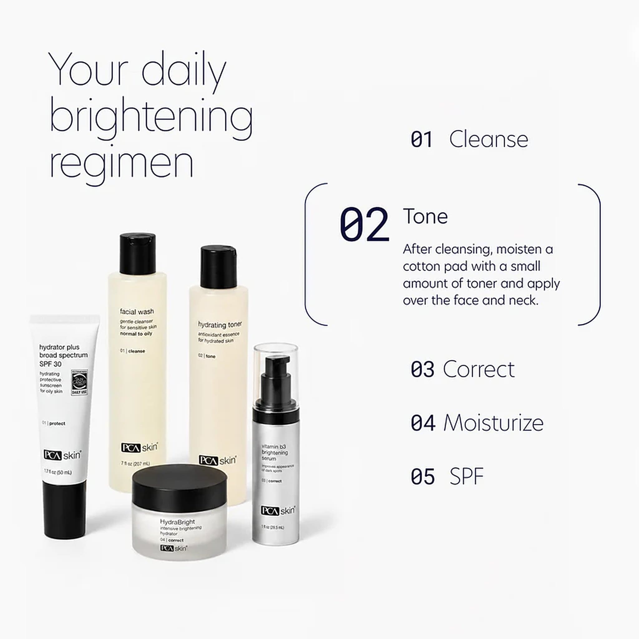 PCA Skin daily brightening regimen with Hydrating Toner Facial Wash and HydraBright