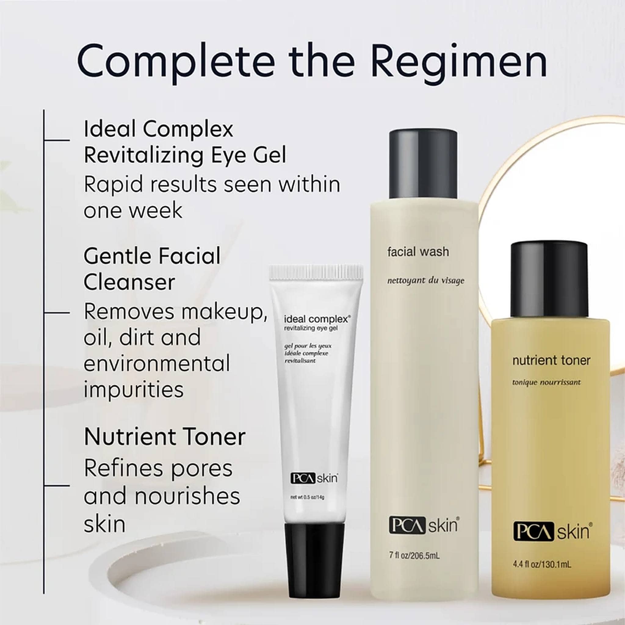 PCA Skin regimen with Ideal Complex Revitalizing Eye Gel Facial Wash and Nutrient Toner