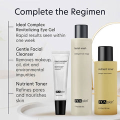 PCA Skin regimen with Ideal Complex Revitalizing Eye Gel Facial Wash and Nutrient Toner