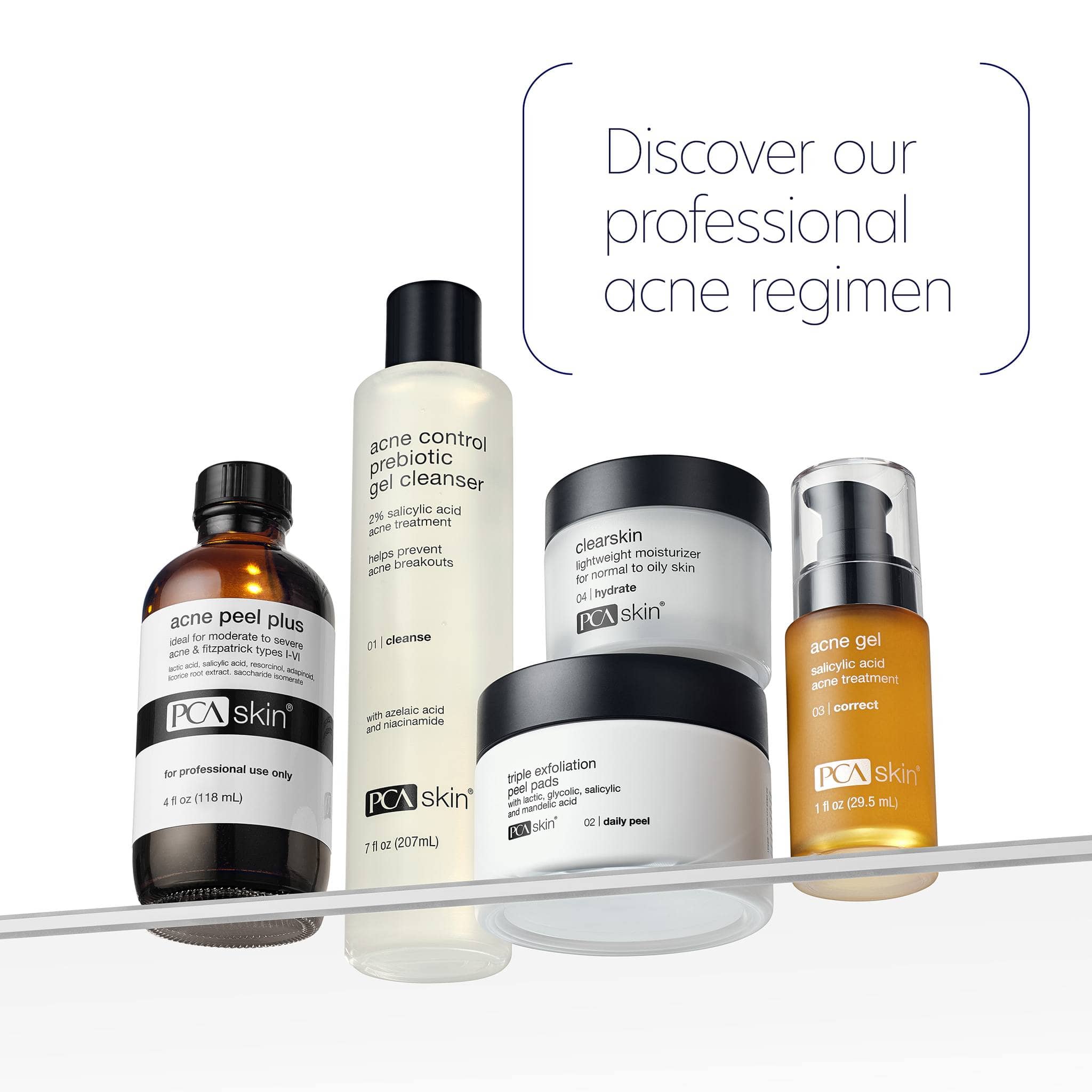 PCA Skin professional acne regimen featuring cleanser peel pads moisturizer and correcting gel