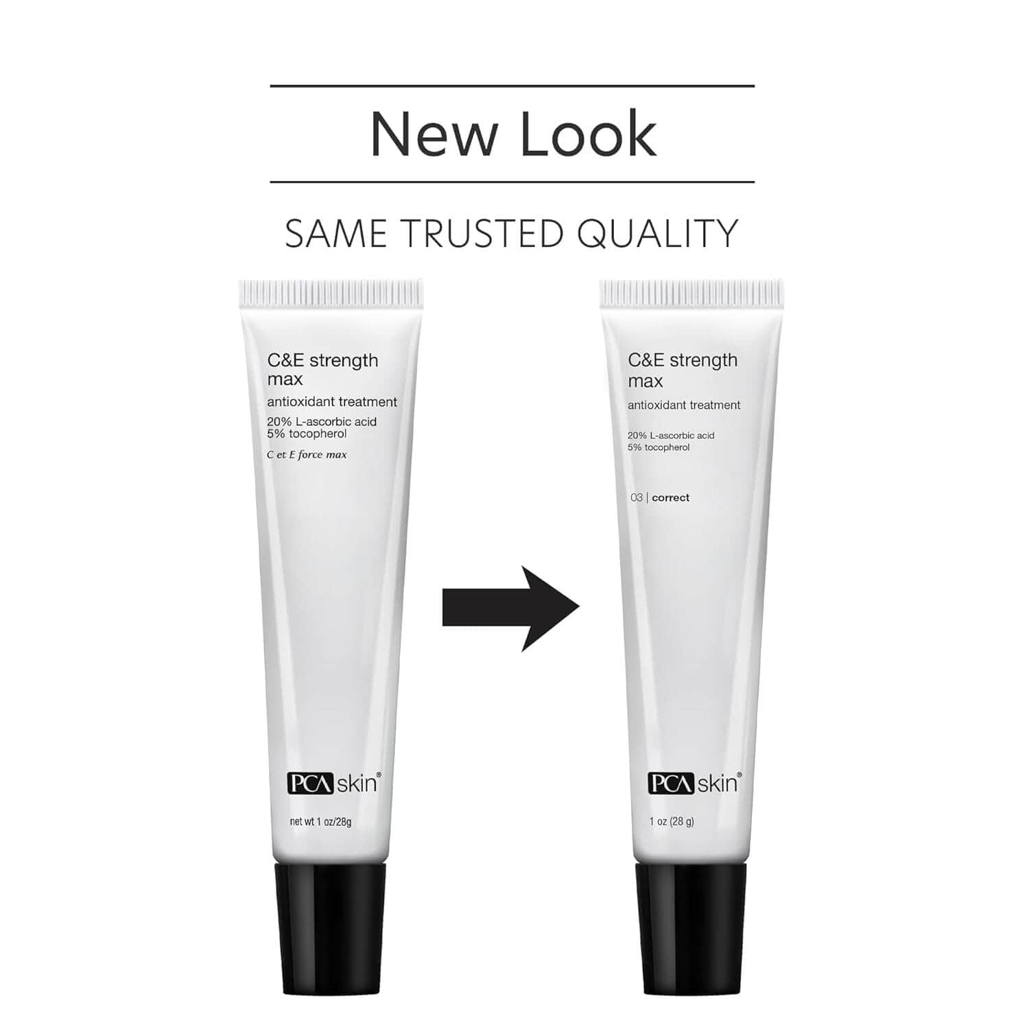 Two tubes of PCA Skin C&E strength max treatment with a new look label on a white background.