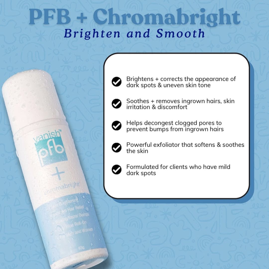 PFB + Chromabright skincare product with benefits on a blue background