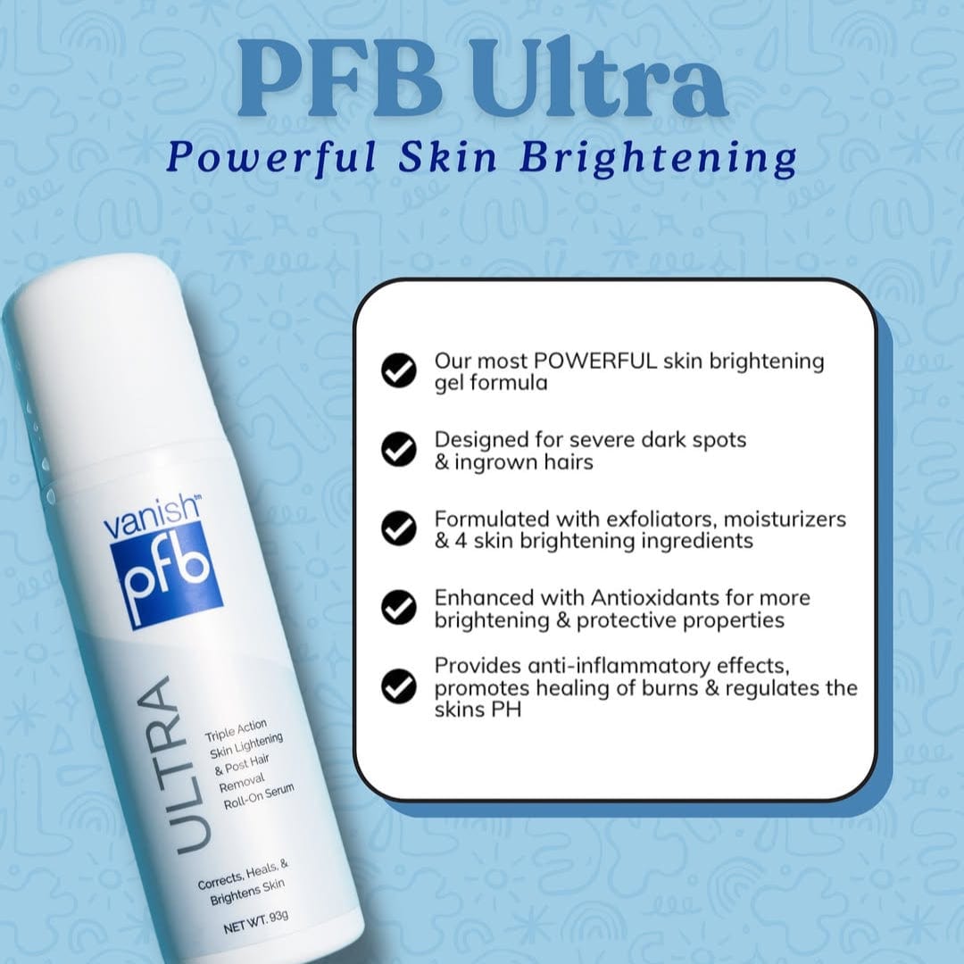 Vanish PFB Ultra skin brightening product with features listed on a blue background