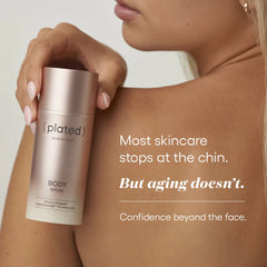 Woman holding Plated Body Serum against her shoulder for anti-aging body skincare