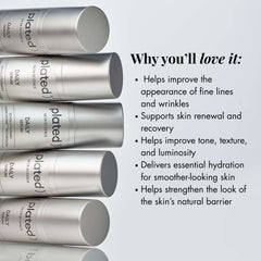 Plated Daily Serum bottles stacked showing benefits for fine lines and skin renewal