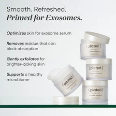 Stacked Plated Exosome Enhancer prep pad jars with benefits that remove residue and gently exfoliate before exosome serum