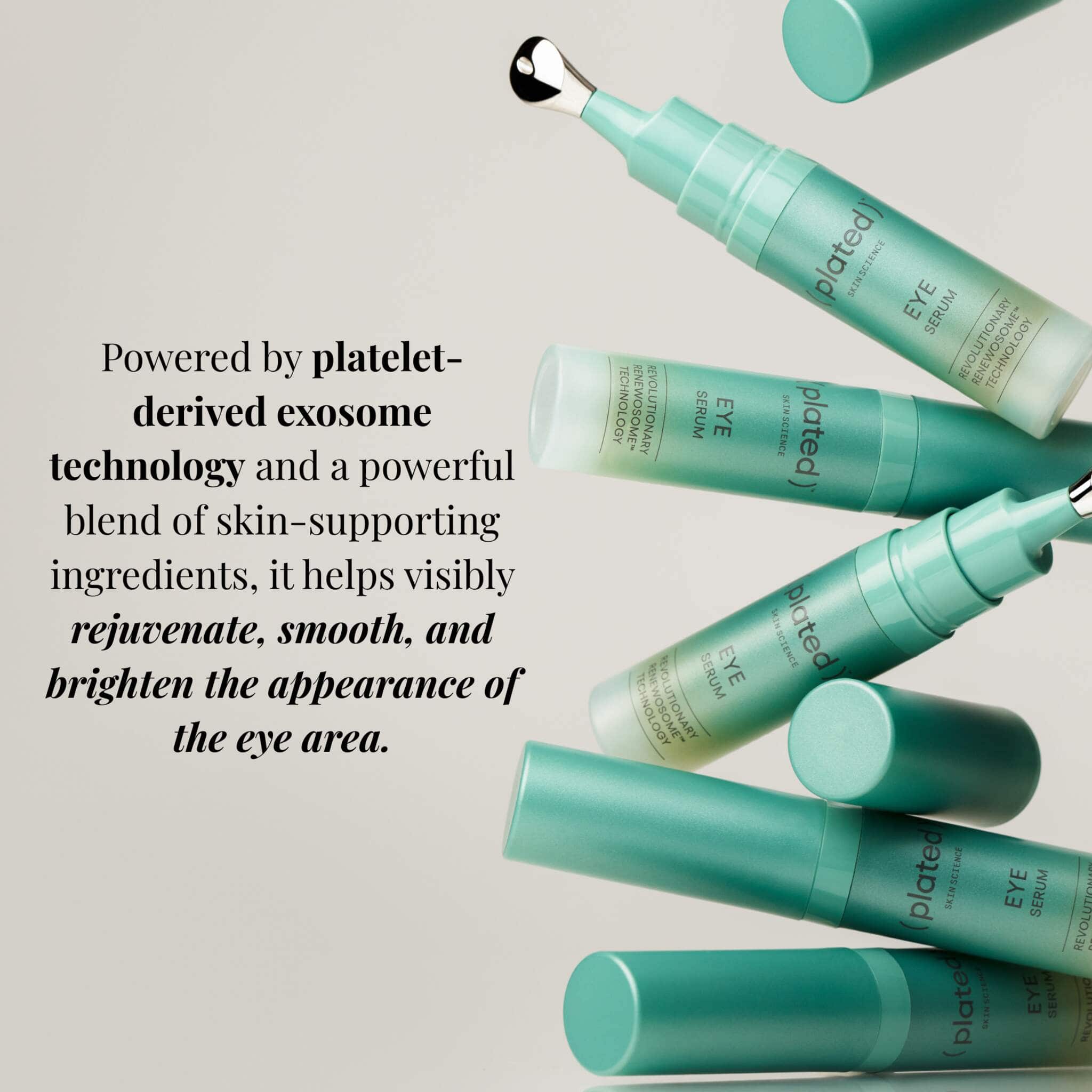 Plated Eye Serum bottles suspended showcasing exosome technology formula
