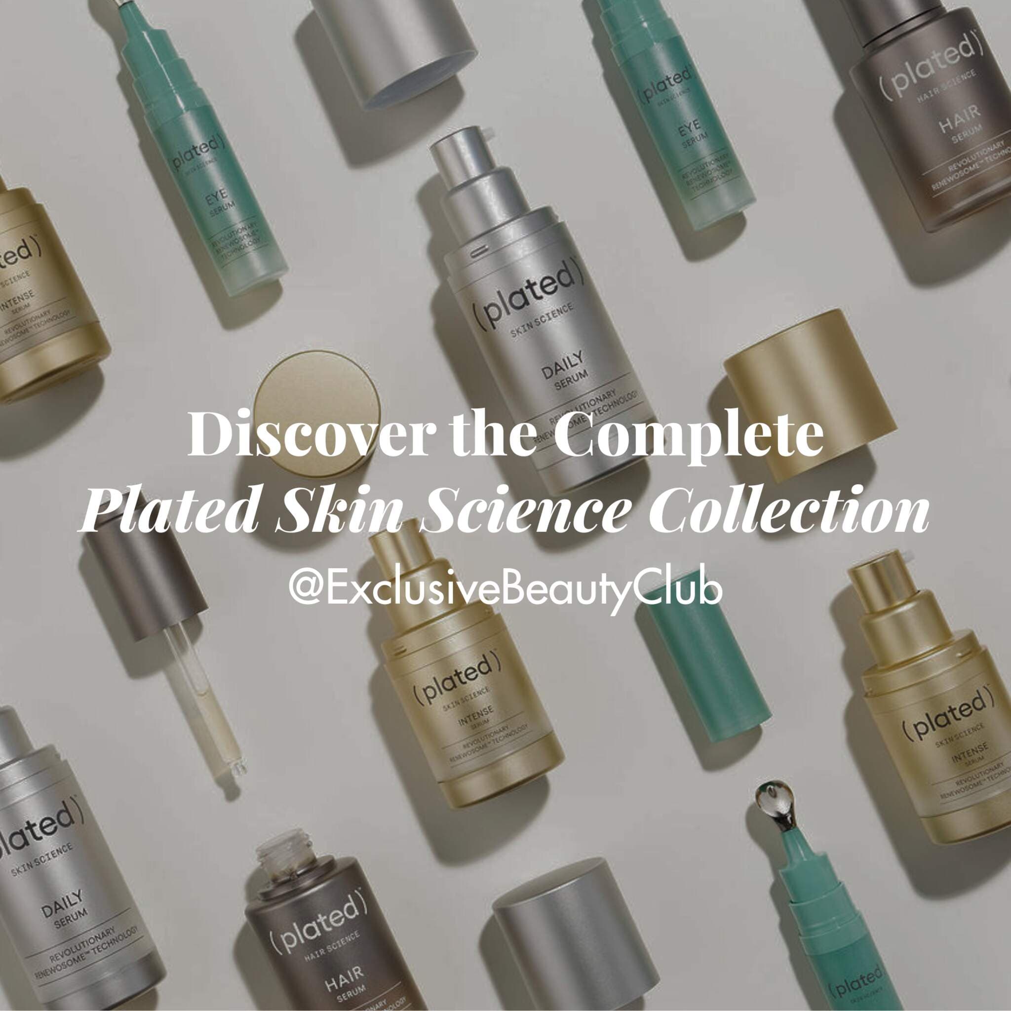 Plated Skin Science collection flatlay with Hair Eye Daily and Intense serums