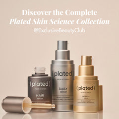 Plated Skin Science collection featuring Hair Daily and Intense serum bottles