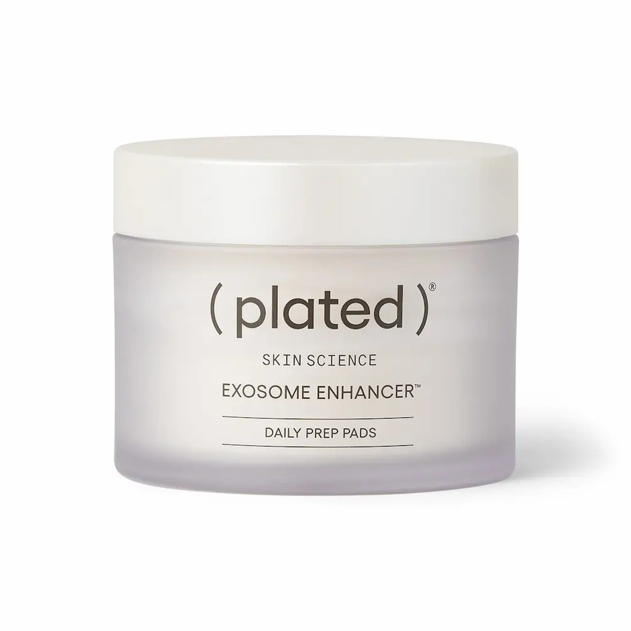 Plated Skin Science Exosome Enhancer daily prep pads in frosted jar with white lid
