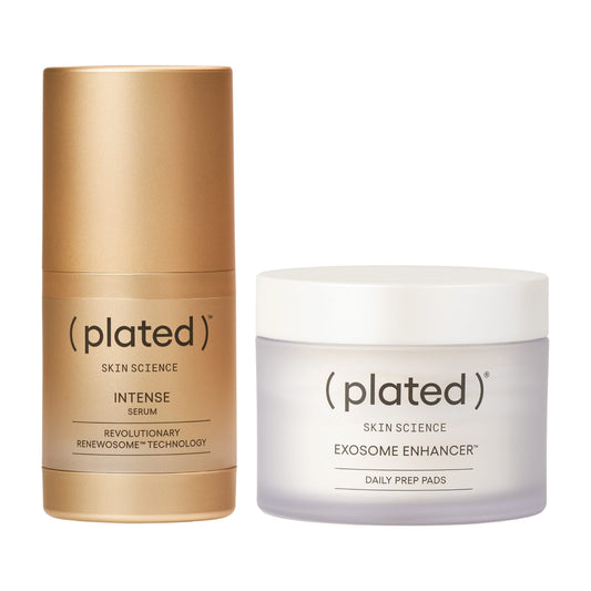 Plated Skin Science Intense Serum in gold bottle beside Exosome Enhancer Daily Prep Pads frosted jar