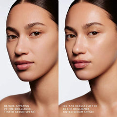 Before and after applying Rationale Brilliance Tinted Serum SPF50+ showing visibly more even and radiant skin tone