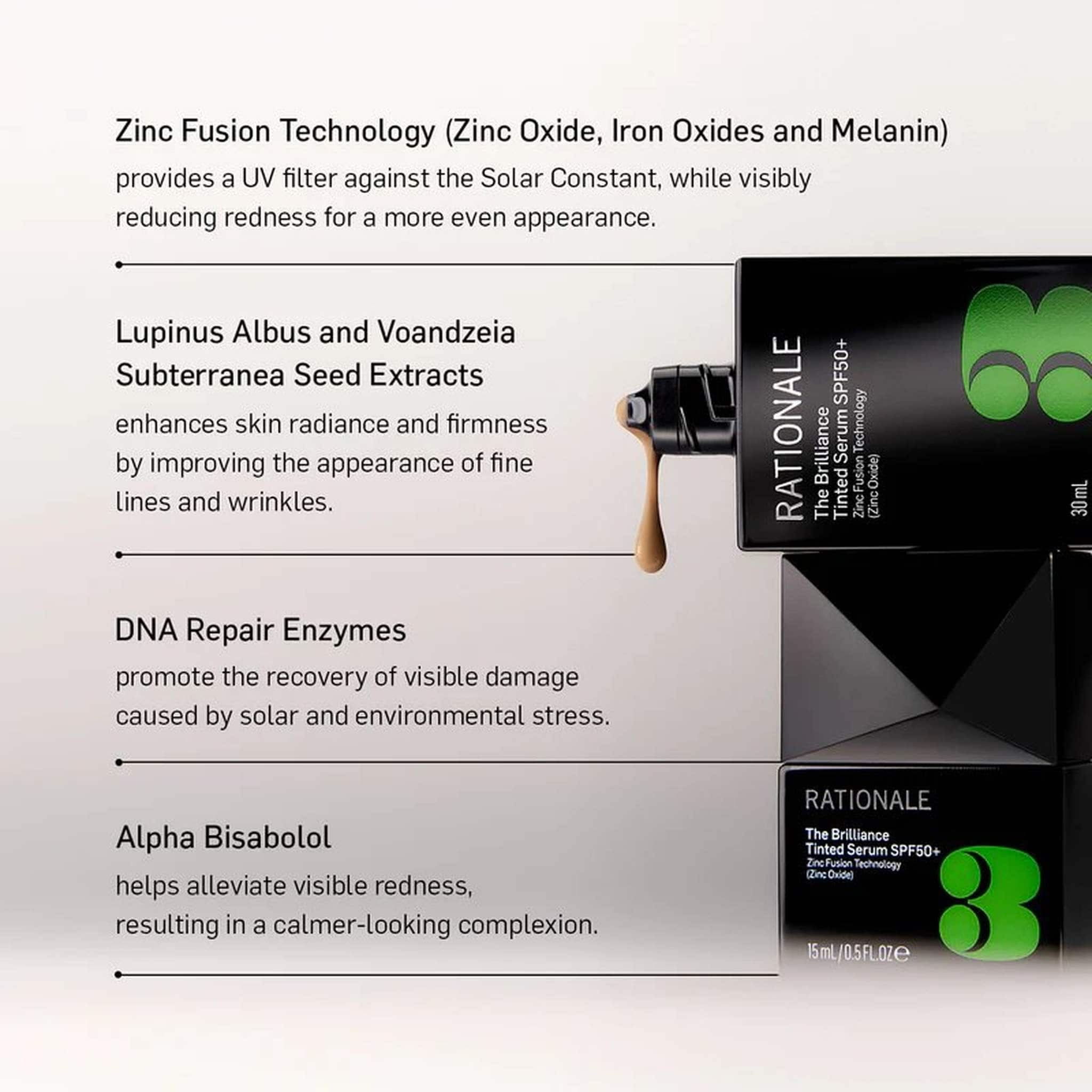 Rationale Brilliance Tinted Serum SPF50+ key ingredients including Zinc Fusion Technology DNA Repair Enzymes and Alpha Bisabolol
