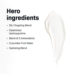 List of hero ingredients with a white background and a close-up of a skincare product.