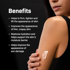 Woman applying skincare product with text listing benefits on a black background