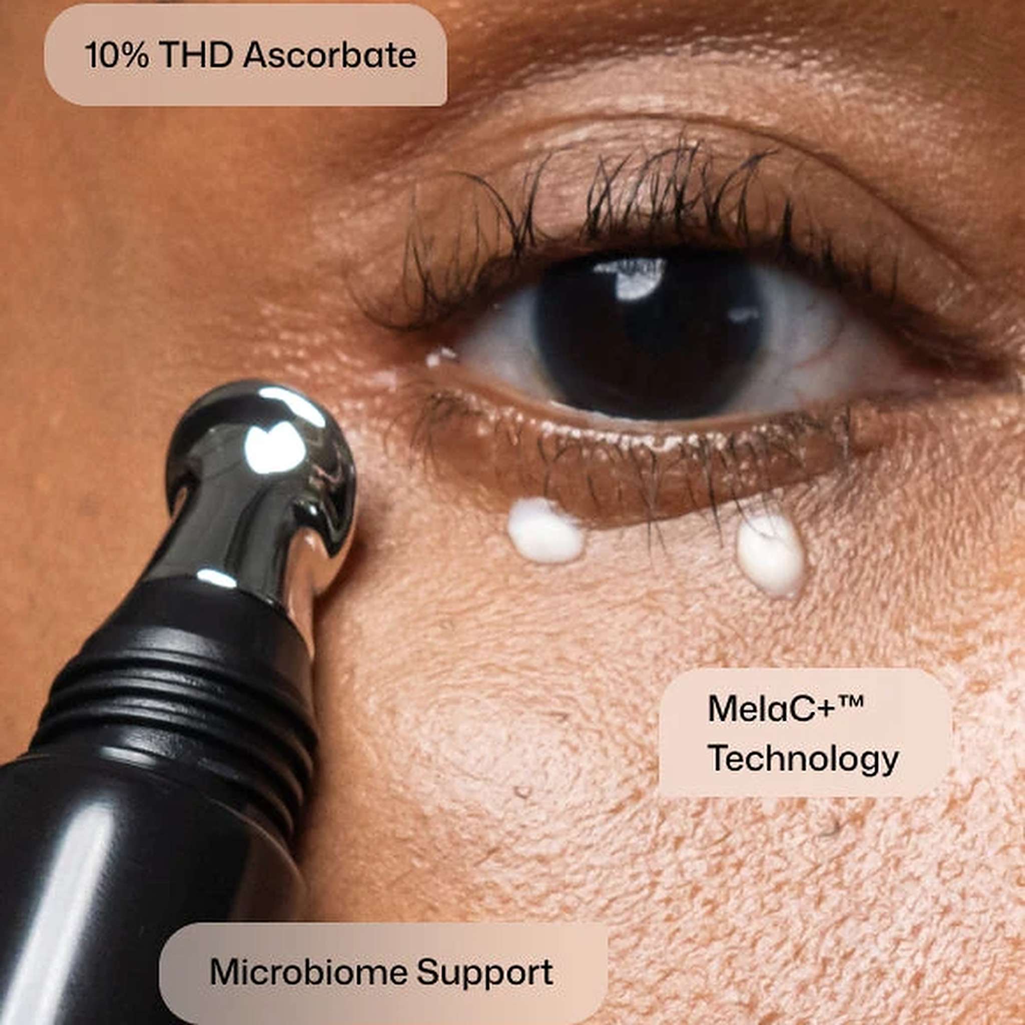Applying Revision Skincare C+ Brightening Eye Complex under eye with cooling metal tip and 10% THD ascorbate 