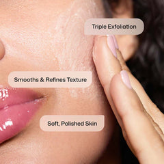 Woman applying Revision Skincare Triple-Action Exfoliator to cheek for smooth refined and polished skin (103)