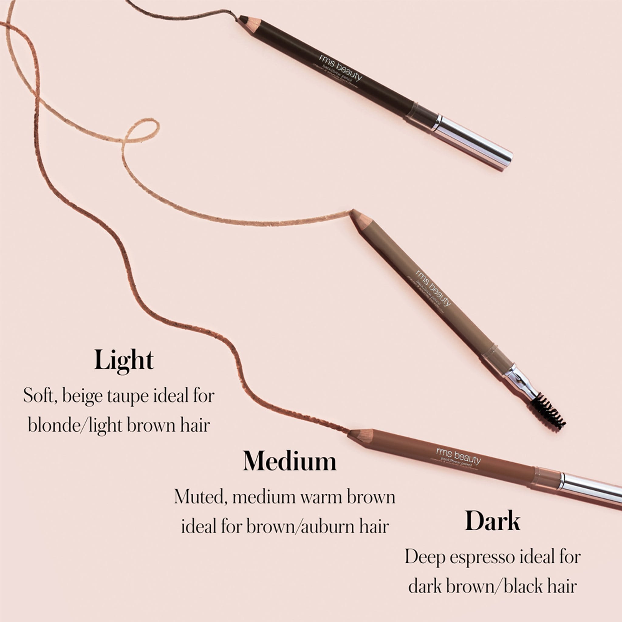 RMS Beauty Back2Brow Pencil shades Light Medium and Dark with shade guide 3