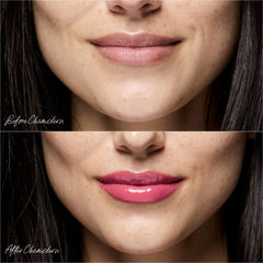 Before and after comparison showing lips with Chameleon lip oil applied 3