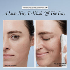 Face makeup before and after removal with cleansing balm in one swipe