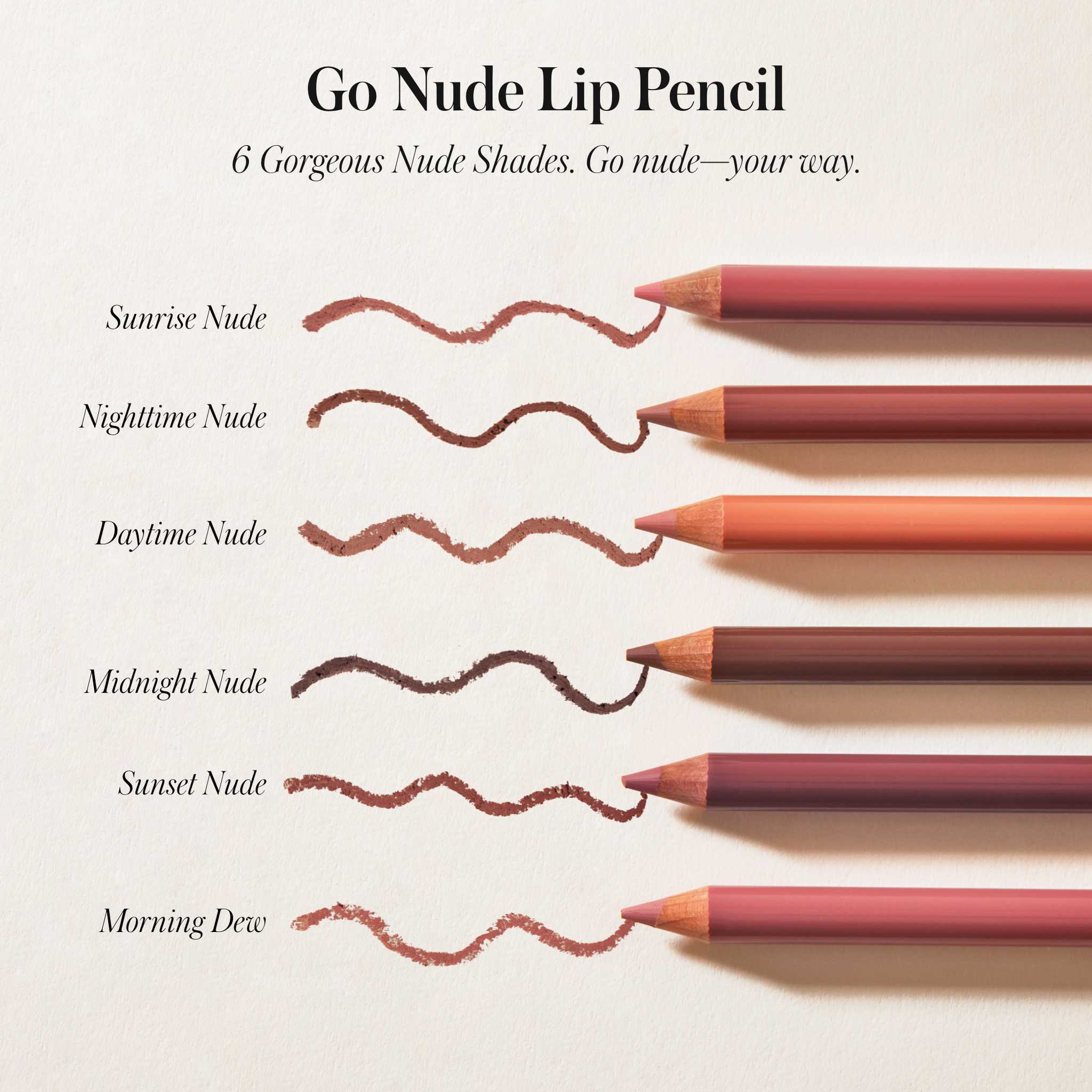 Six Go Nude Lip Pencil shades swatched beside their pencil tips 3