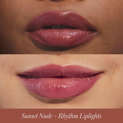 Lips shown in Sunset Nude lip pencil layered with Rhythm Liplights 6