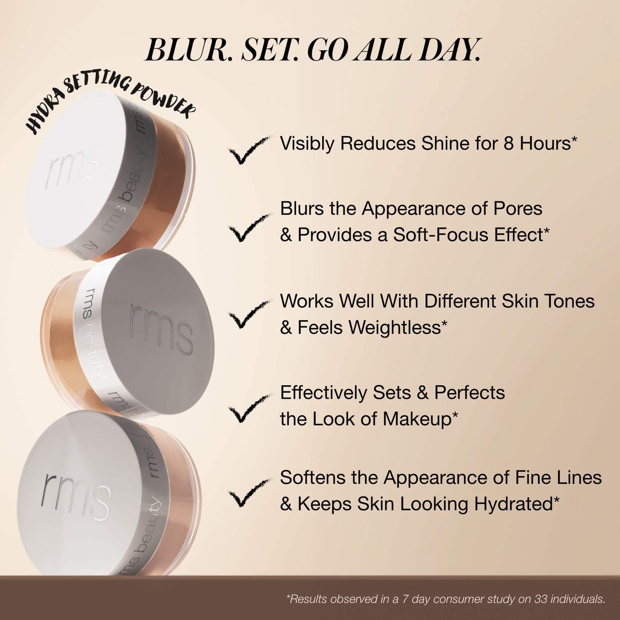 Hydra Setting Powder jars stacked beside key benefits like blurring and hydration 5